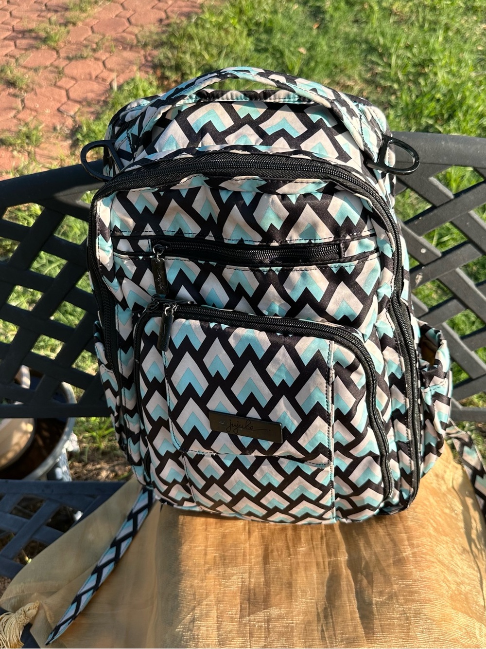 JuJuBe‎ Chevron Pattern Diaper Backpack Black White Blue Inner Outer Pockets